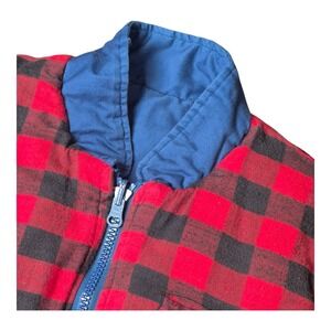 VTG Branded Lion Reversible Utility Vest Blue Multi Pocket Plaid Lined‎ Men's L